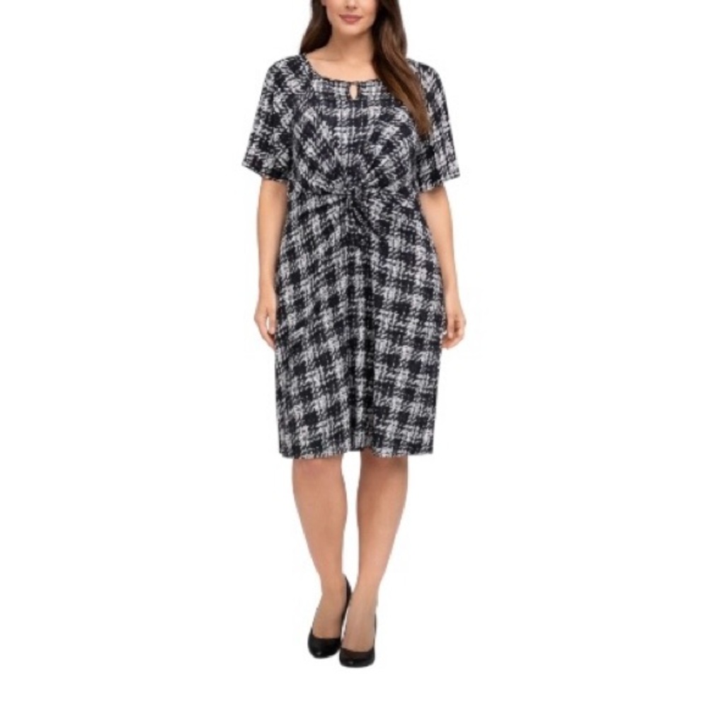 NY Collection Women’s Black White Midi Knit Dress Tie Front Size 1X Keyhole Back
